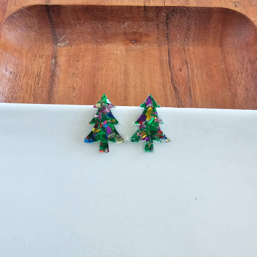 Christmas Tree Studs - Green Sparkle // Holiday Earrings