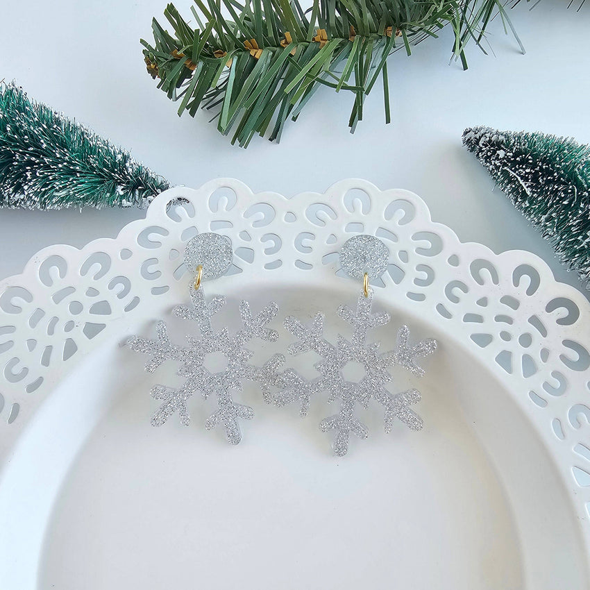 Snowflake Earrings - Silver Glitter // Christmas, Holiday