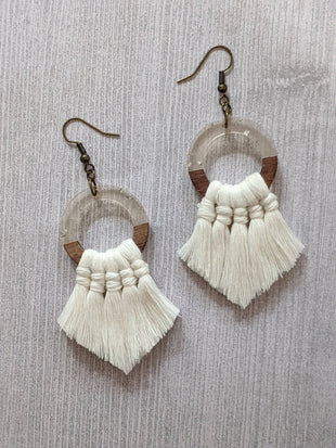 Wood, Glitter Resin, and Cream Macrame Earrings