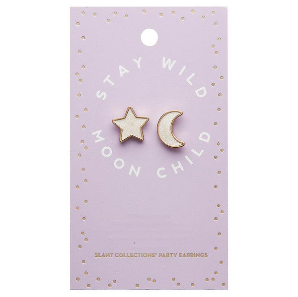 Moon and Stars - Fun Stud Earrings - Pearl Color