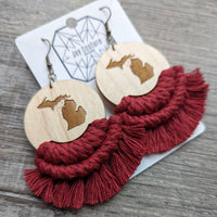 Michigan Engraved Wood Macrame Earrings