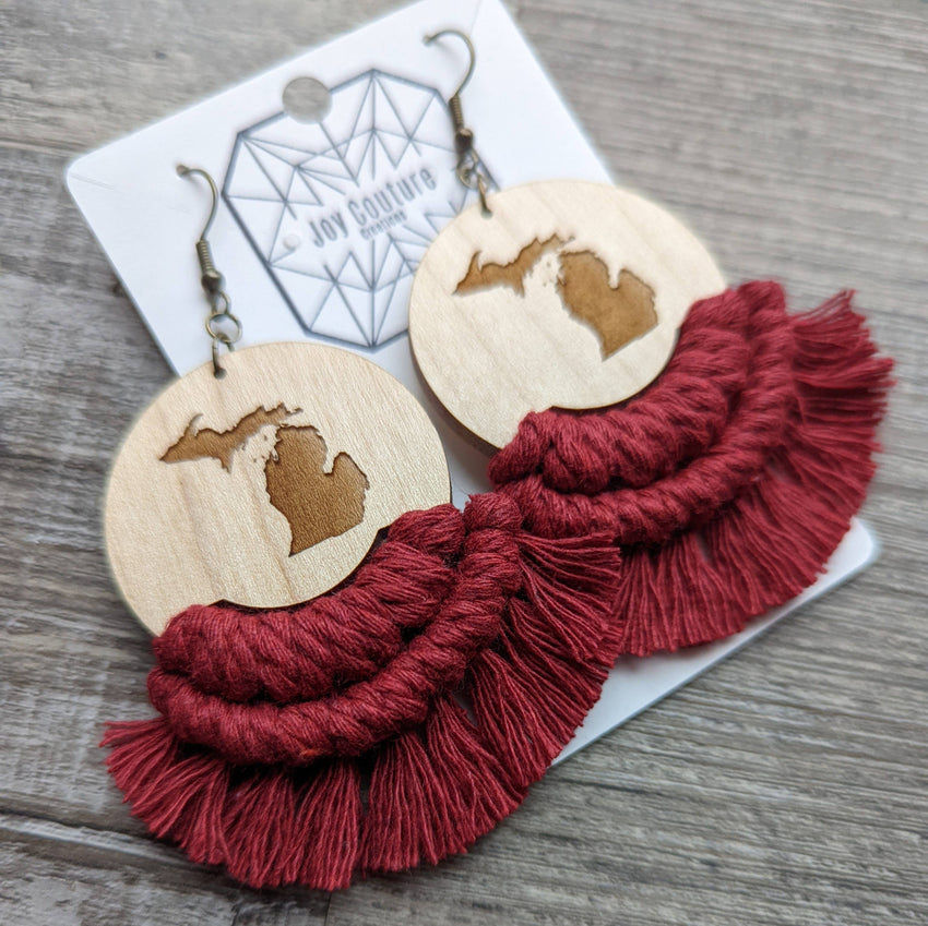 Michigan Engraved Wood Macrame Earrings