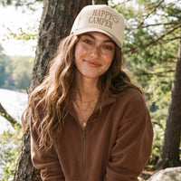 HAPPY CAMPER Letter Embroidered on Two Tone Trucker Hat