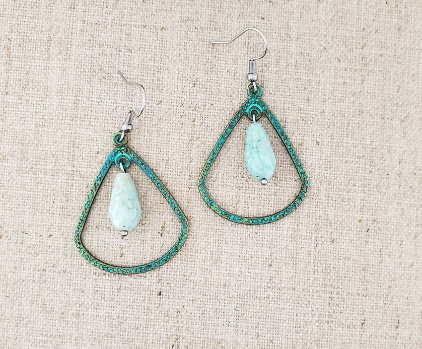 Brass Amazonite Drop Paint Patina Earrings