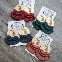 Michigan Engraved Wood Macrame Earrings
