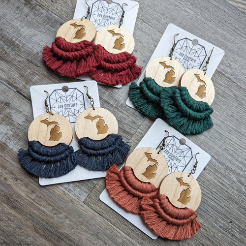 Michigan Engraved Wood Macrame Earrings