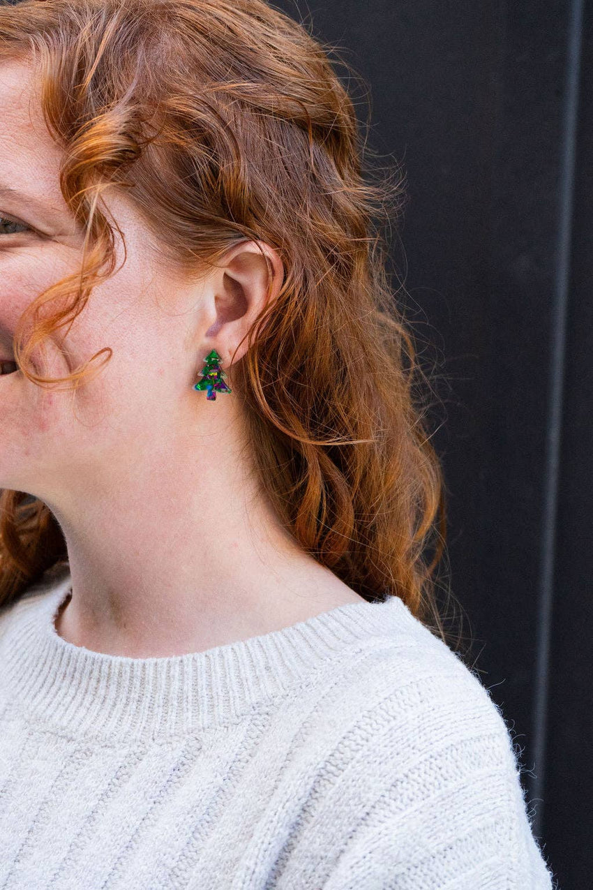 Christmas Tree Studs - Green Sparkle // Holiday Earrings