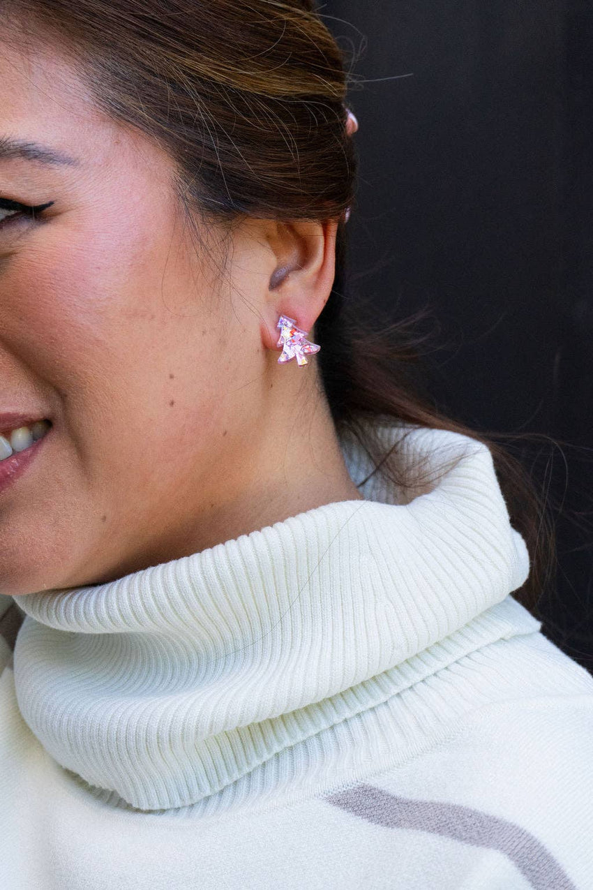 Christmas Tree Studs - Light Pink Sparkle // Holiday Earrings