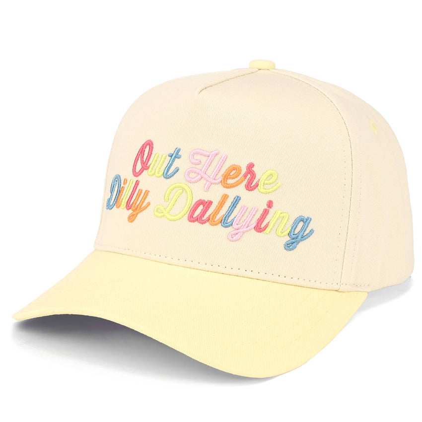 OUT HERE DILLY DALLYING Letter on Two Tone Trucker Hat