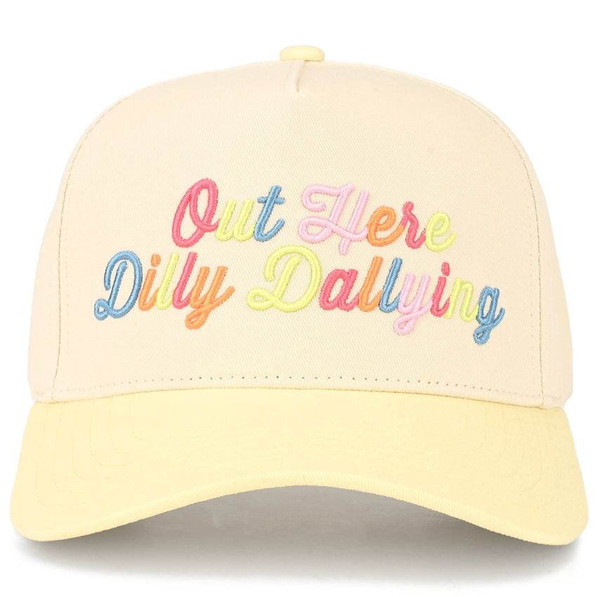 OUT HERE DILLY DALLYING Letter on Two Tone Trucker Hat