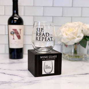 Sip. Read. Repeat. 15oz Stemless Wine Glass