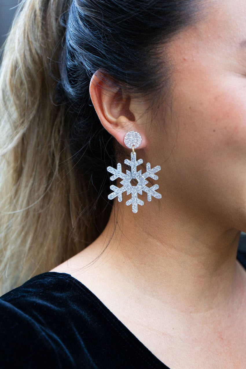 Snowflake Earrings - Silver Glitter // Christmas, Holiday