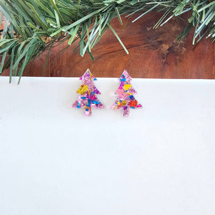 Christmas Tree Studs - Light Pink Sparkle // Holiday Earrings