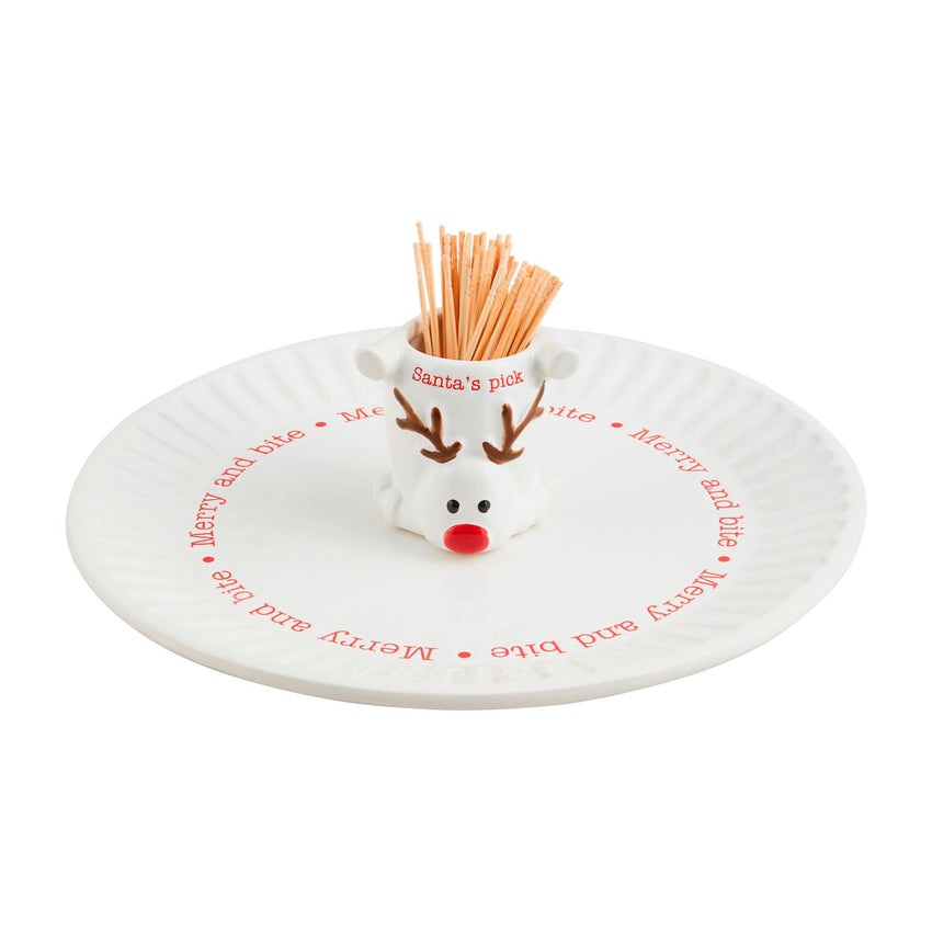 Reindeer Toothpick & Appetizer Ceramic Plate - Holiday Hostess Gift!