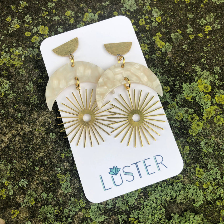 Crescent Moon Starburst Dangle Unique Statement Earrings