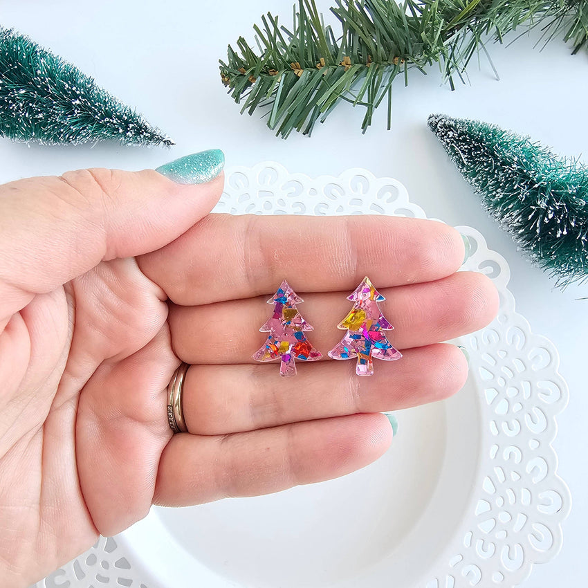 Christmas Tree Studs - Light Pink Sparkle // Holiday Earrings