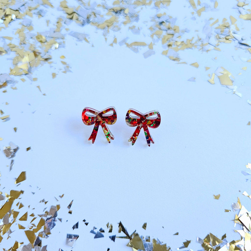 Bow Studs - Red Sparkle