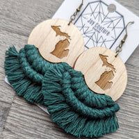 Michigan Engraved Wood Macrame Earrings