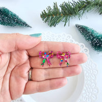 Bow Studs - Pink Sparkle  // Christmas, Holiday, Earrrings