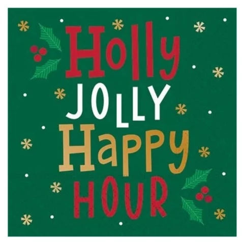 Holly Jolly Happy Hour Green Foil - Cocktail Napkin - 16 count