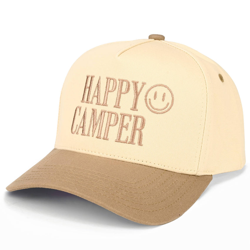 HAPPY CAMPER Letter Embroidered on Two Tone Trucker Hat