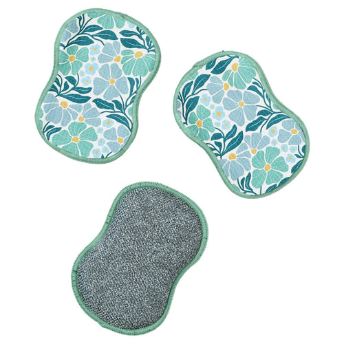 RE:usable Sponges (Set of 3) - Teal + Blue Spring Floral Pattern