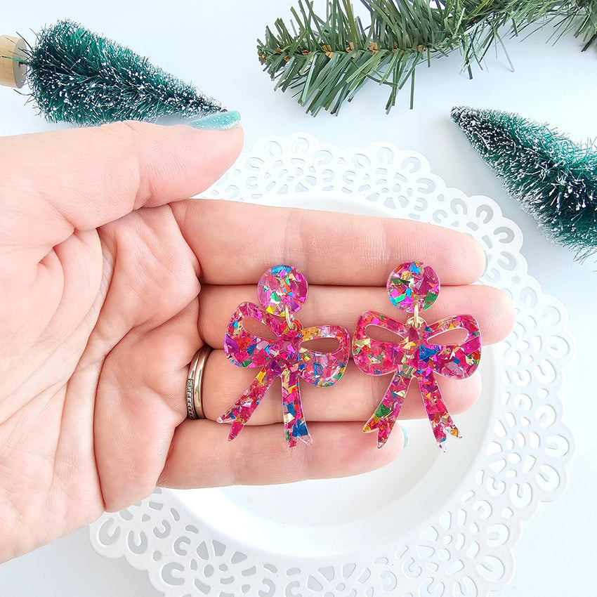 Bow Earrings - Pink Sparkle // Christmas, Holiday, Gifts