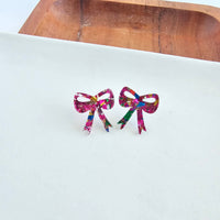 Bow Studs - Pink Sparkle  // Christmas, Holiday, Earrrings