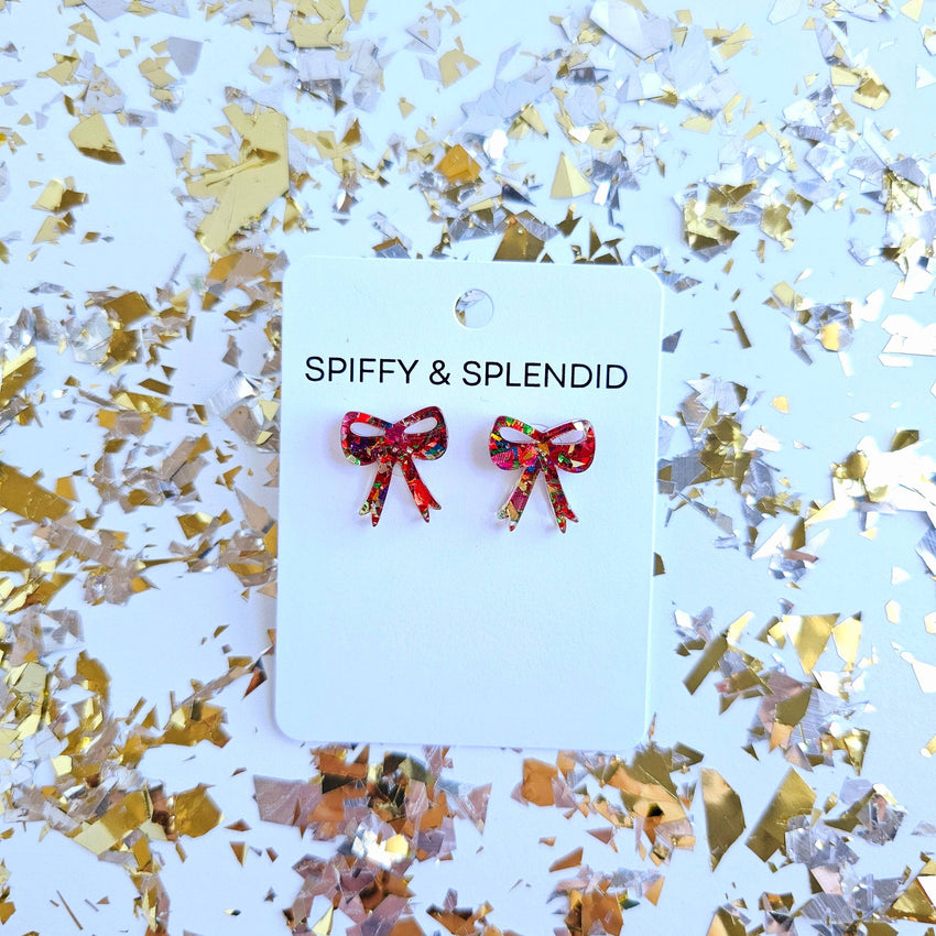 Bow Studs - Red Sparkle