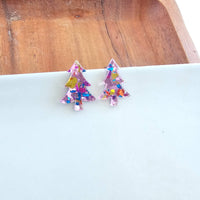 Christmas Tree Studs - Light Pink Sparkle // Holiday Earrings