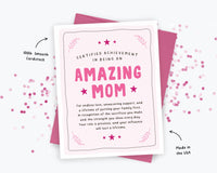 Amazing Mom Mother's Day Card, Amazing Mom, Award, Certificate Card