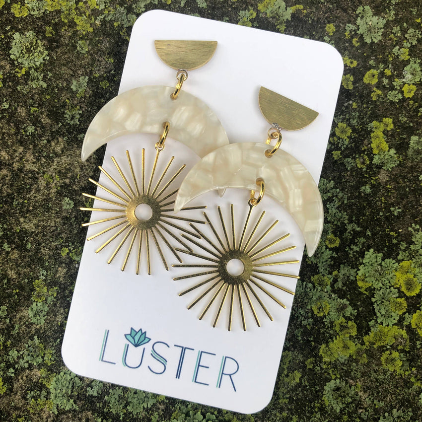 Crescent Moon Starburst Dangle Unique Statement Earrings