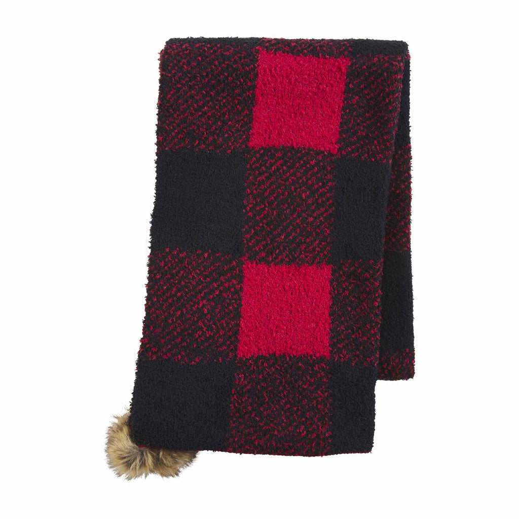 SALE! Comfy, Cozy Buffalo Check Chenille Scarf with Faux Fur Poms