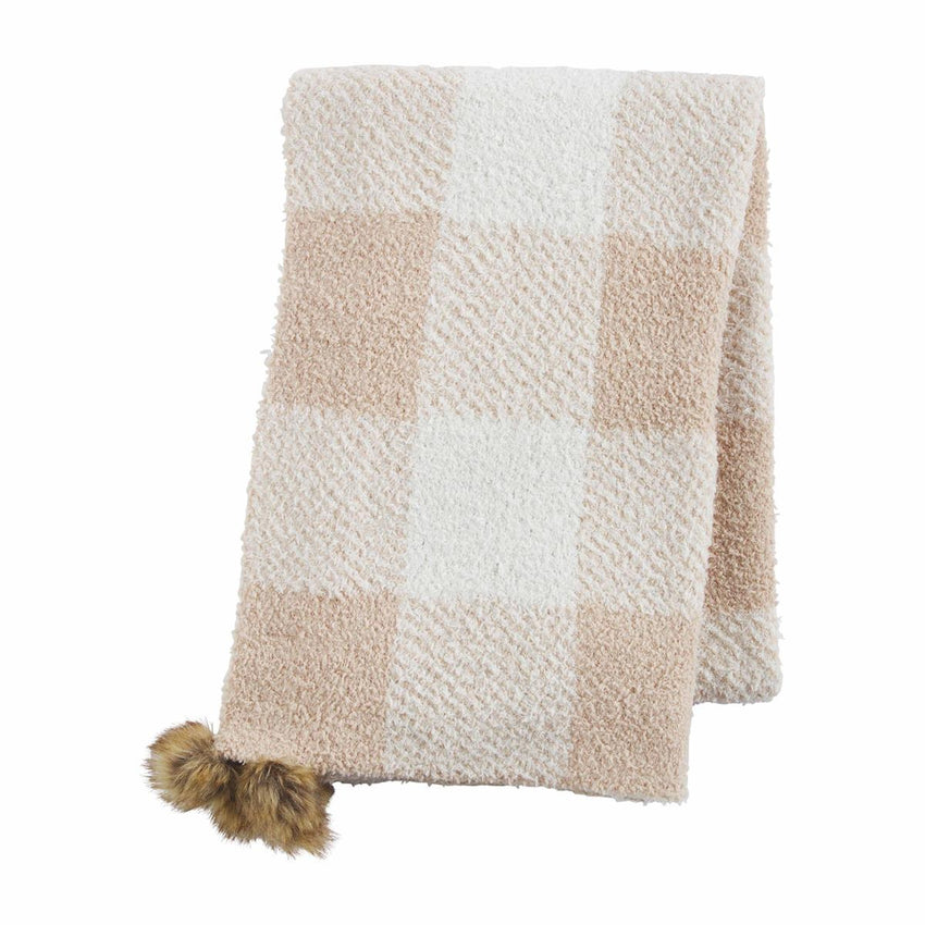 SALE! Comfy, Cozy Buffalo Check Chenille Scarf with Faux Fur Poms