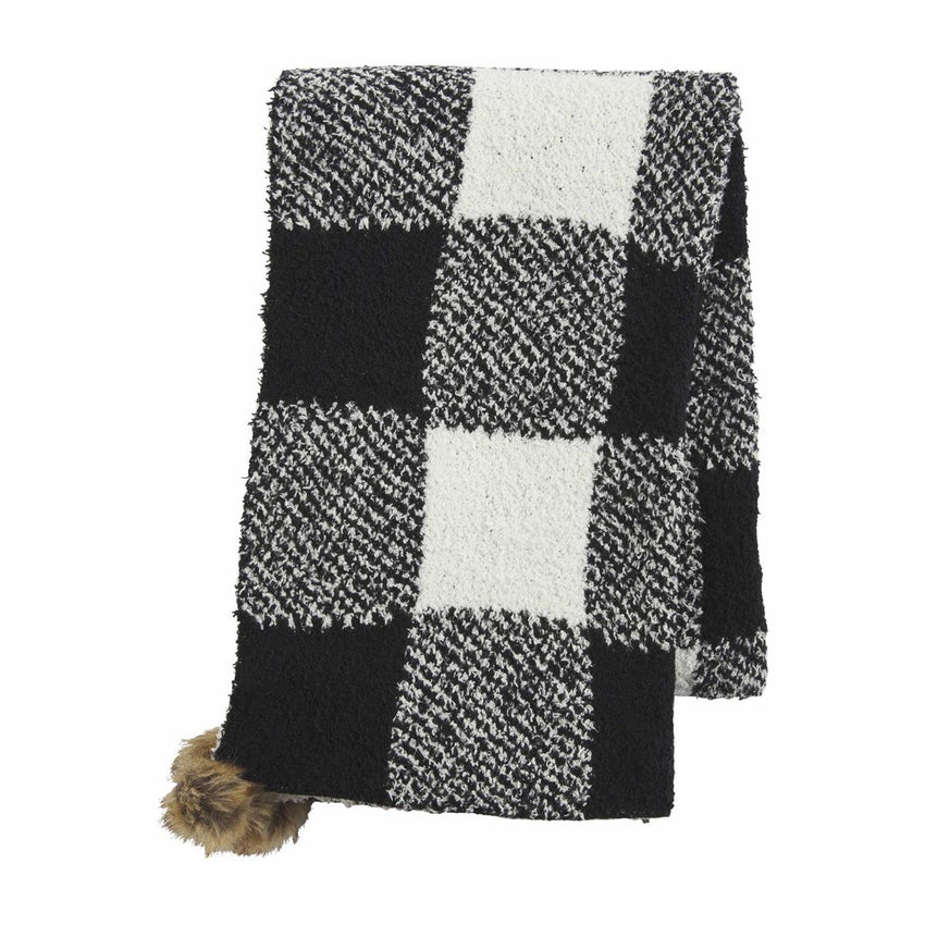 SALE! Comfy, Cozy Buffalo Check Chenille Scarf with Faux Fur Poms