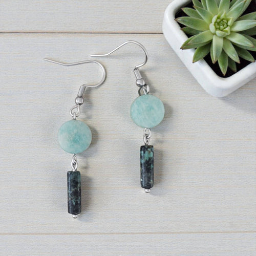 Amazonite, African Turquoise & Stainless Earrings