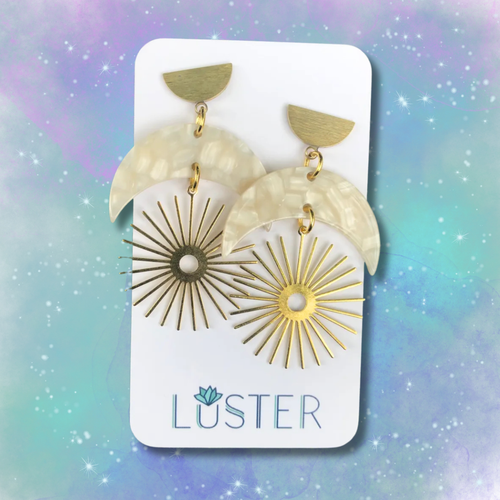 Crescent Moon Starburst Dangle Unique Statement Earrings