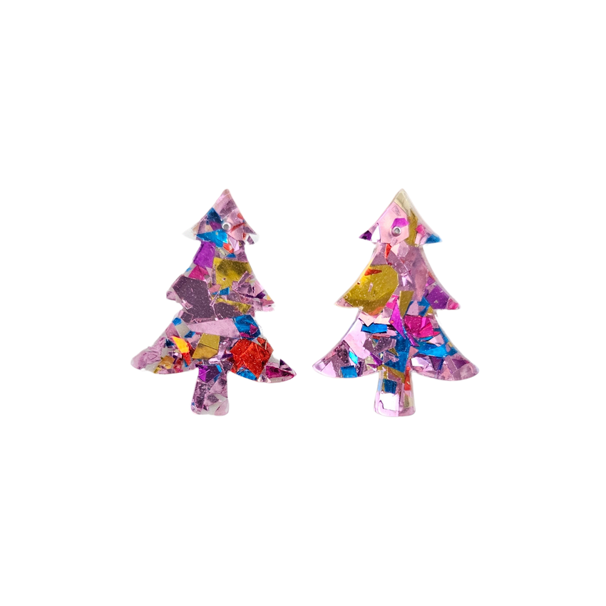 Christmas Tree Studs - Light Pink Sparkle // Holiday Earrings