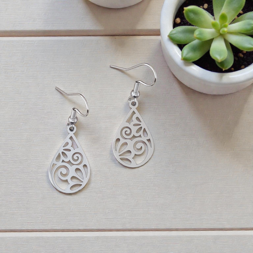 Stainless Steel Scroll Teardrop Earrings