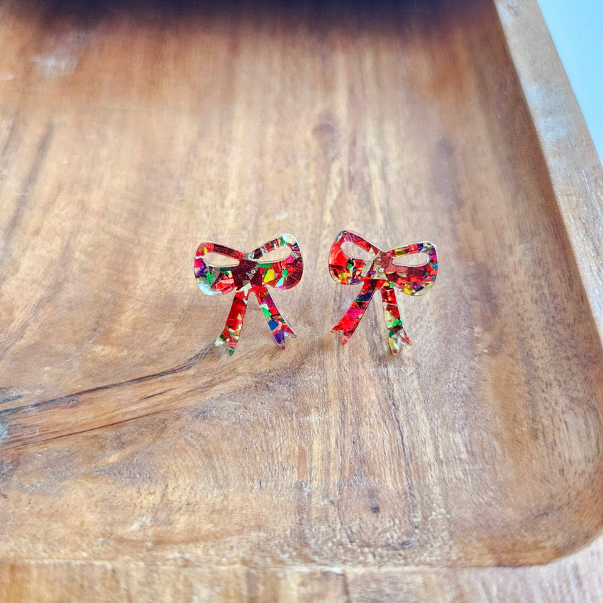 Bow Studs - Red Sparkle