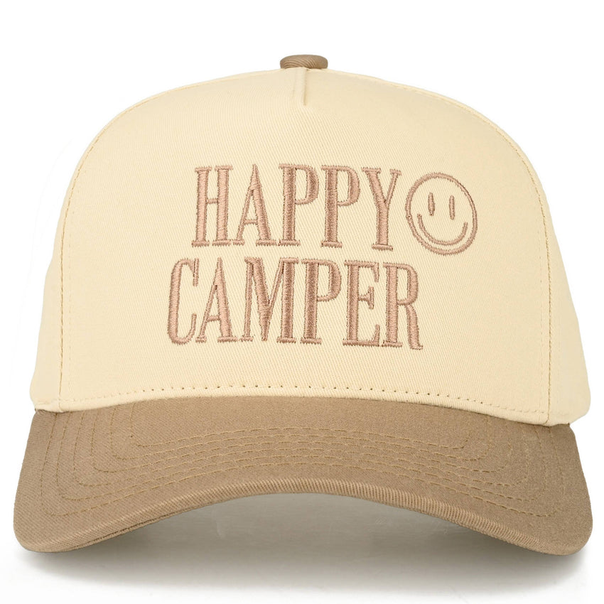 HAPPY CAMPER Letter Embroidered on Two Tone Trucker Hat