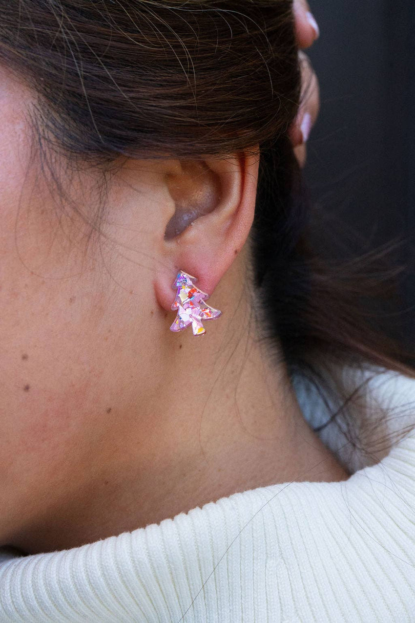 Christmas Tree Studs - Light Pink Sparkle // Holiday Earrings