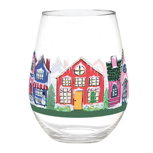 Jumbo Holiday Stemless Wine Glass - Gingerbread Houses - 30oz