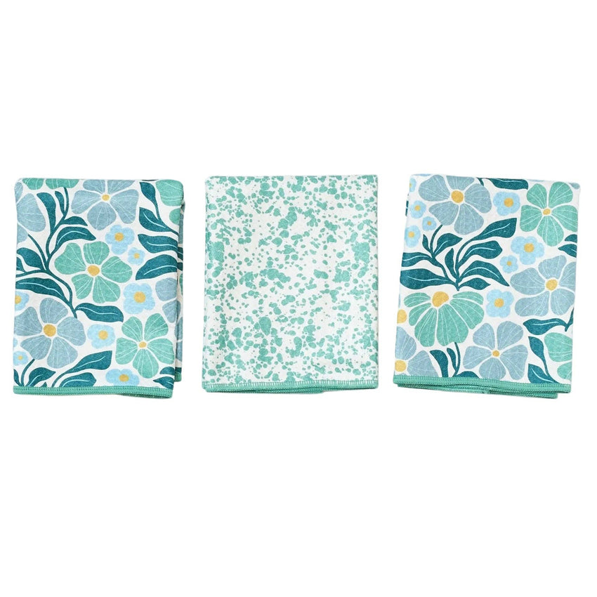 Mighty Mini Towel (Set of 3) Reversible - Teal + Blue Spring Floral Pattern