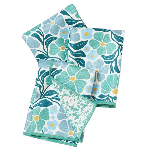 Mighty Mini Towel (Set of 3) Reversible - Teal + Blue Spring Floral Pattern