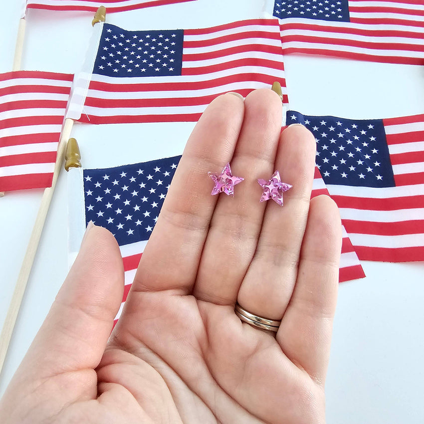 Star Studs - Pink Glitter // 4th of July Earrings Patriotic