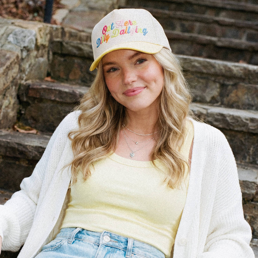 OUT HERE DILLY DALLYING Letter on Two Tone Trucker Hat