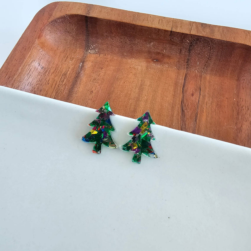 Christmas Tree Studs - Green Sparkle // Holiday Earrings