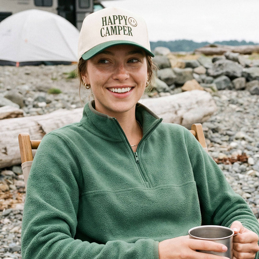 HAPPY CAMPER Letter Embroidered on Two Tone Trucker Hat