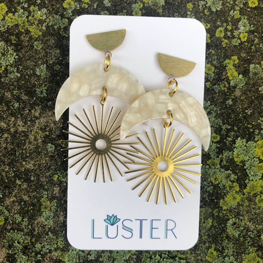Crescent Moon Starburst Dangle Unique Statement Earrings